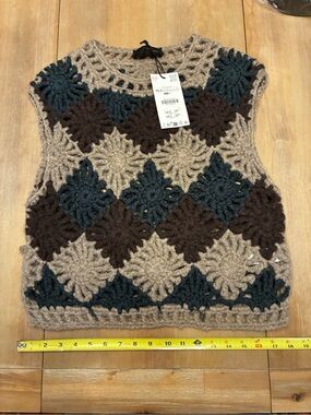 Zara Beige, Dark Brown & Teal Crochet Vest